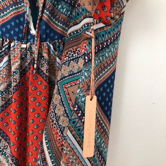 NEW NWT GIBSON LATIMER Blue Red Scarf Print Boho Peasant 3/4 Sleeve Blouse Small - Picture 4 of 6